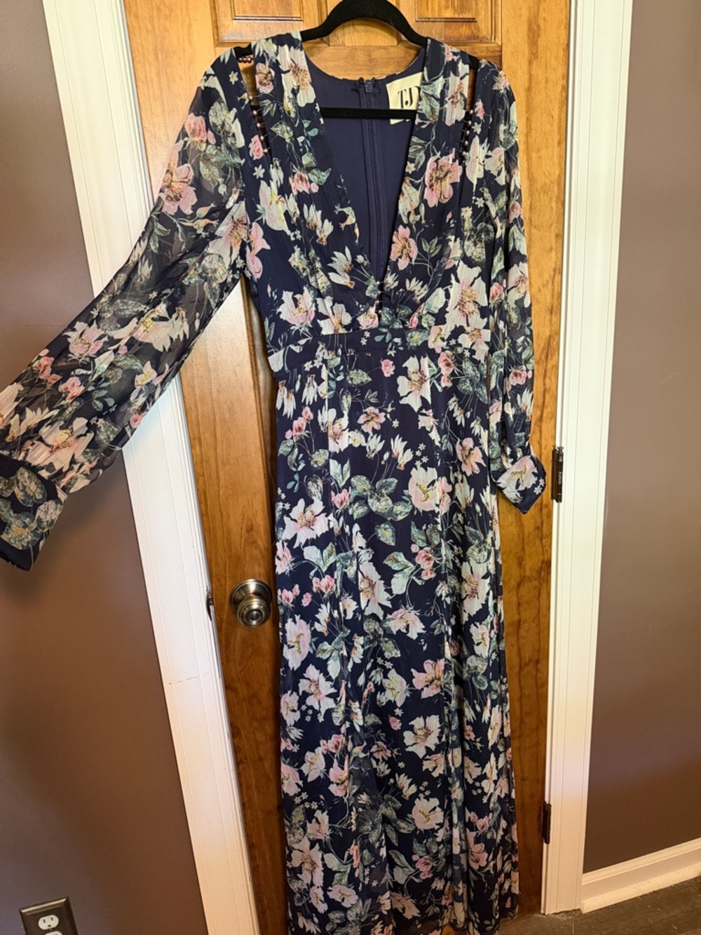 Navy Floral Maxi Dress with V-Neck